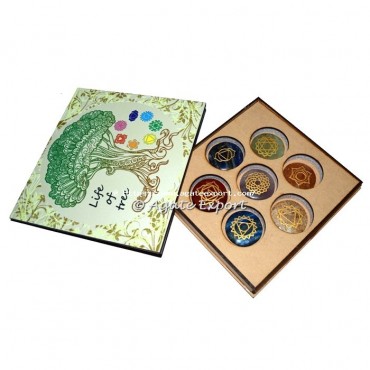 Engraved 7 Chakra Disc Set with Colourful Tree Of Life Printed Box