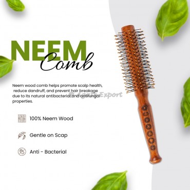 Neem Wood Round Hair Brush with Chakra Symbols