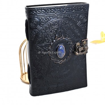Black Leather Journal with Pentacle Design and Lapis Lazuli Inlay