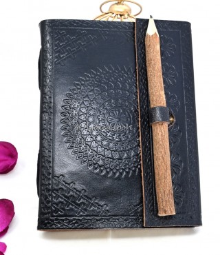 Black Leather Journal with Embossed Design and Wooden Pencil Holder