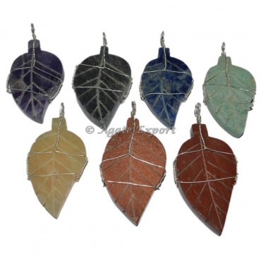 Wire Wrapped Seven Chakra Leaf Pendants Set