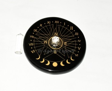 Mystic Sun Clock with Pentagram and Moon Phase Engravings and Crystal Quartz Point