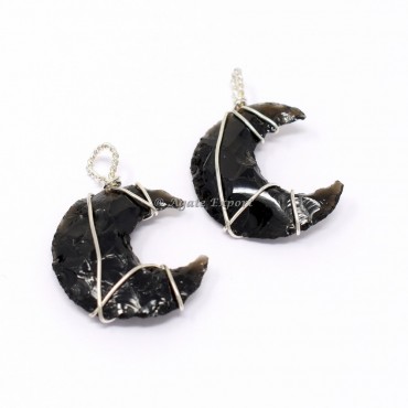 Black Obsidian Moon Wire Wrap Pendant